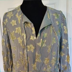 LOFT Women's Gray Dress with Silver & Gold Embroidered Stars Tiered Sz S NWT